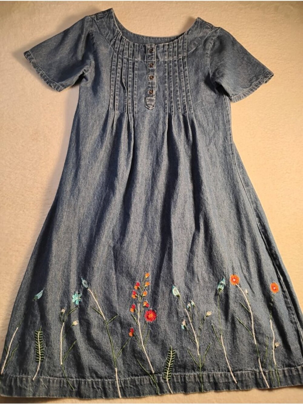 Vermont Country Store Denim Dress Embroidered Boho Cottagecore Pintucked Size S